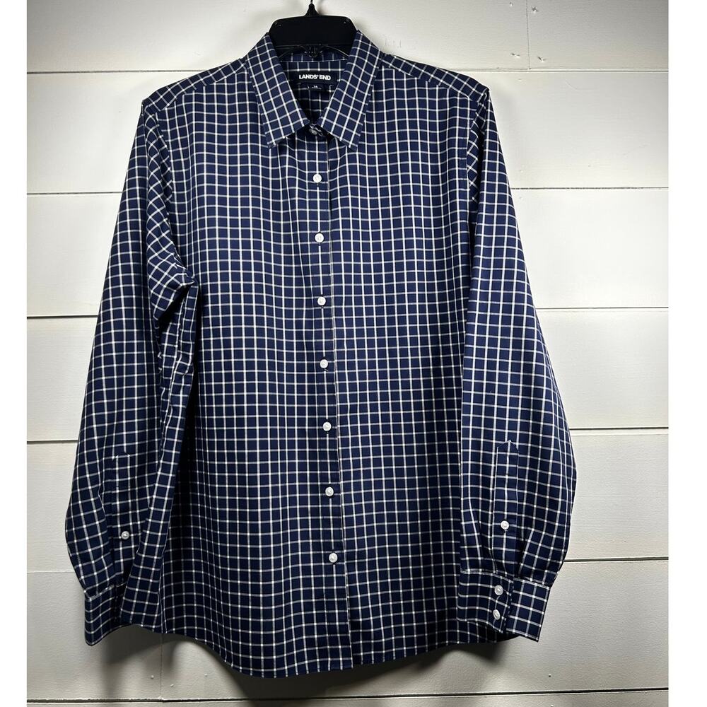 EUC Land's End Navy Blue and White Checkered Mens Button Up, Size 16 - Picture 3 of 9